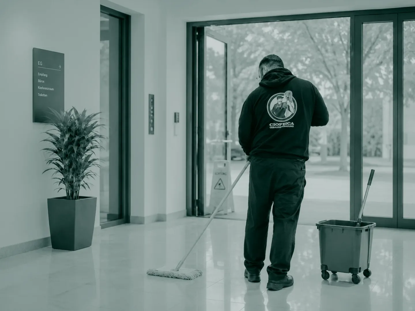 Mitarbeiter von Ciopeica Gebäudereinigung beim Reinigen eines Bürogebäudes
